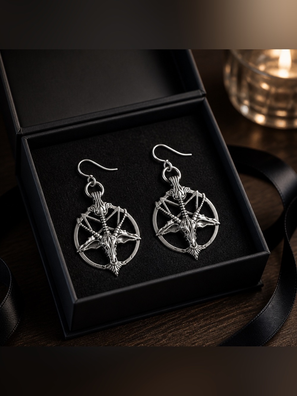 Silver Baphomet Skull Pentagram Drop Earrings - Goth - hypoallergenic hooks